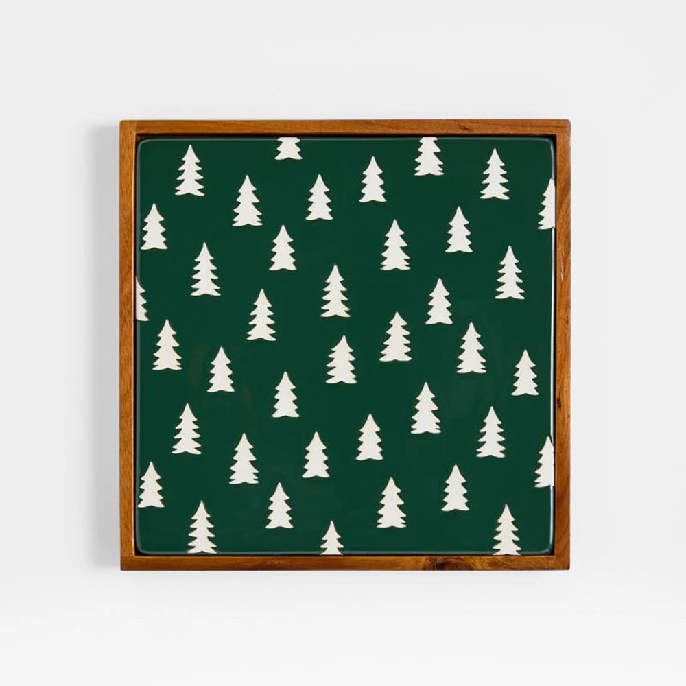 Green Trees Stoneware with Acacia Wood Trivet