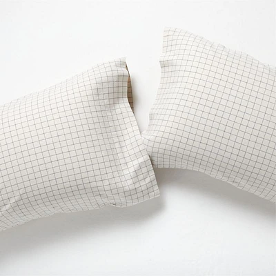 Organic Cotton Grid Natural and Midnight Navy King Pillowcases, Set of 2