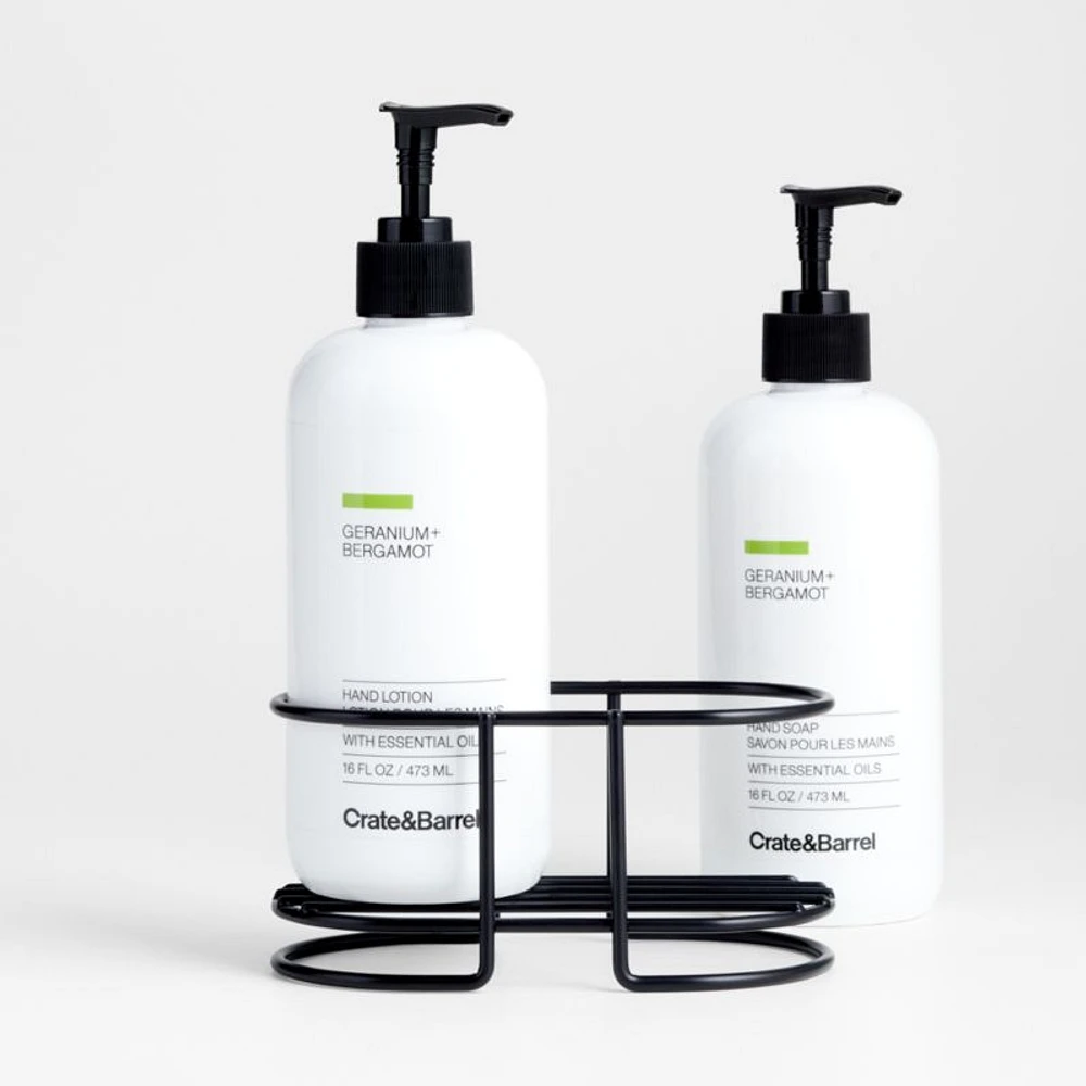 Geranium + Bergamot Hand Soap and Lotion Set with Matte Black Caddy