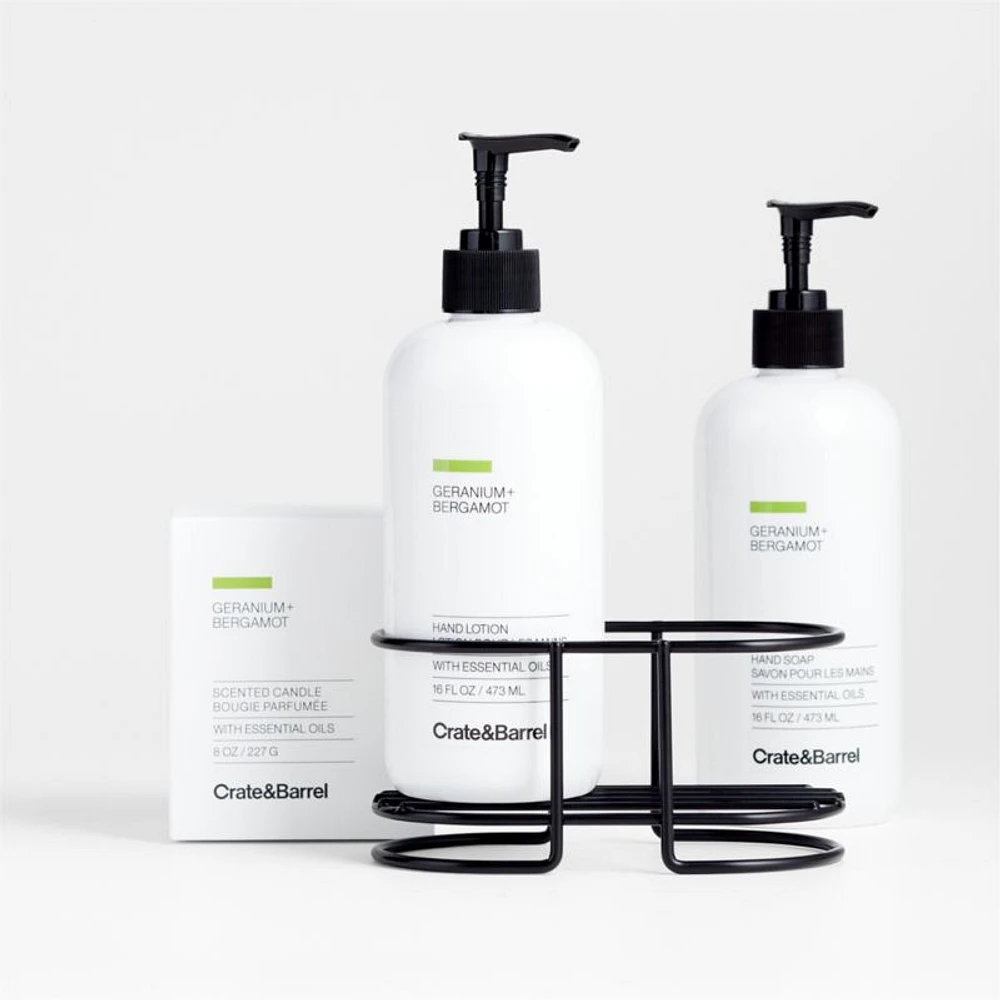 Geranium + Bergamot Hand Soap, Lotion and Candle Gift Set with Matte Black Caddy