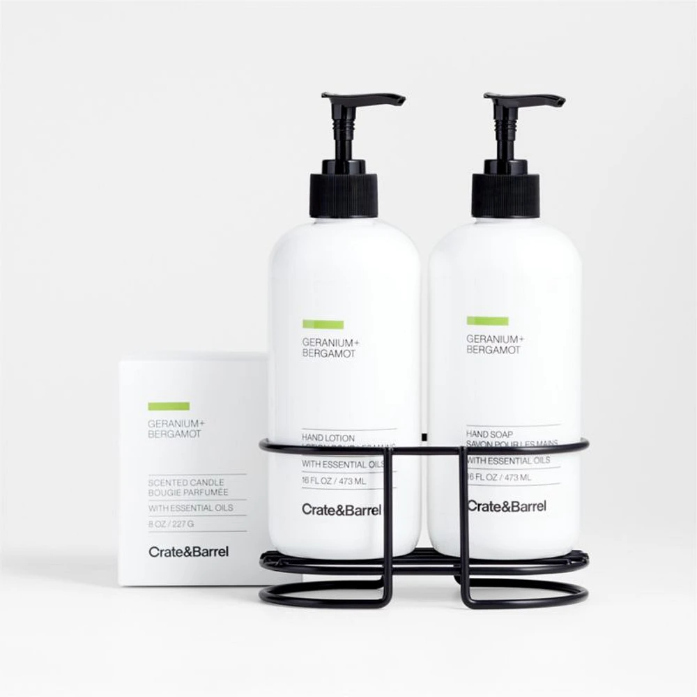 Geranium + Bergamot Hand Soap, Lotion and Candle Gift Set with Matte Black Caddy