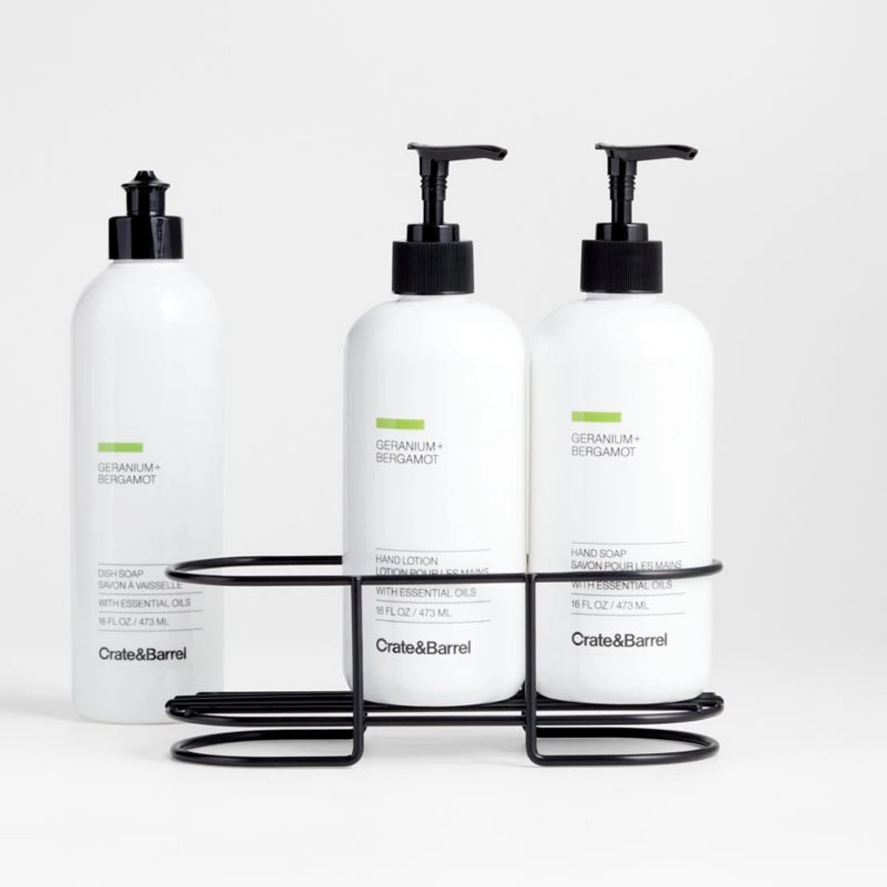 Geranium + Bergamot Hand Soap, Lotion and Dish Soap Set with Matte Black Caddy