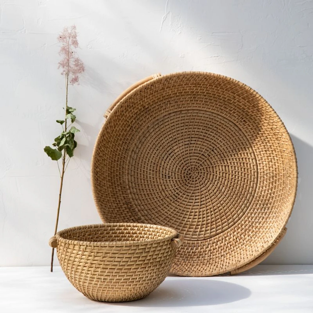 Artesia Natural Round Rattan Tray with Handles