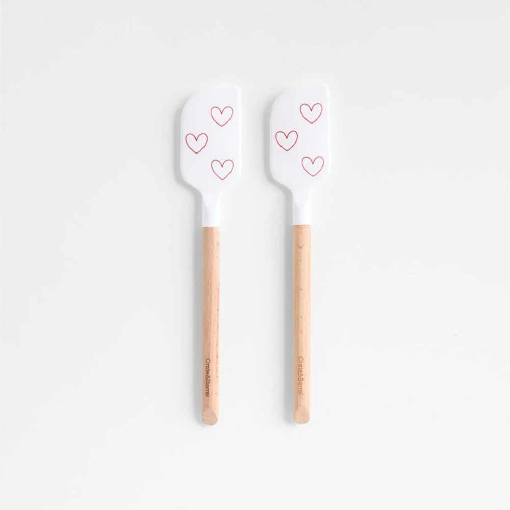 Heart Print White Silicone and Wood Mini Scraper Spatulas, Set of 2