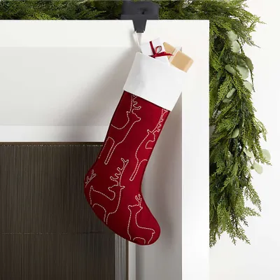 Red Linen-Cotton Blend Embroidered Reindeer Christmas Stocking