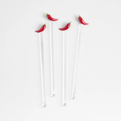 Chili Pepper Icon Glass Drink Stirrers, Set of 4