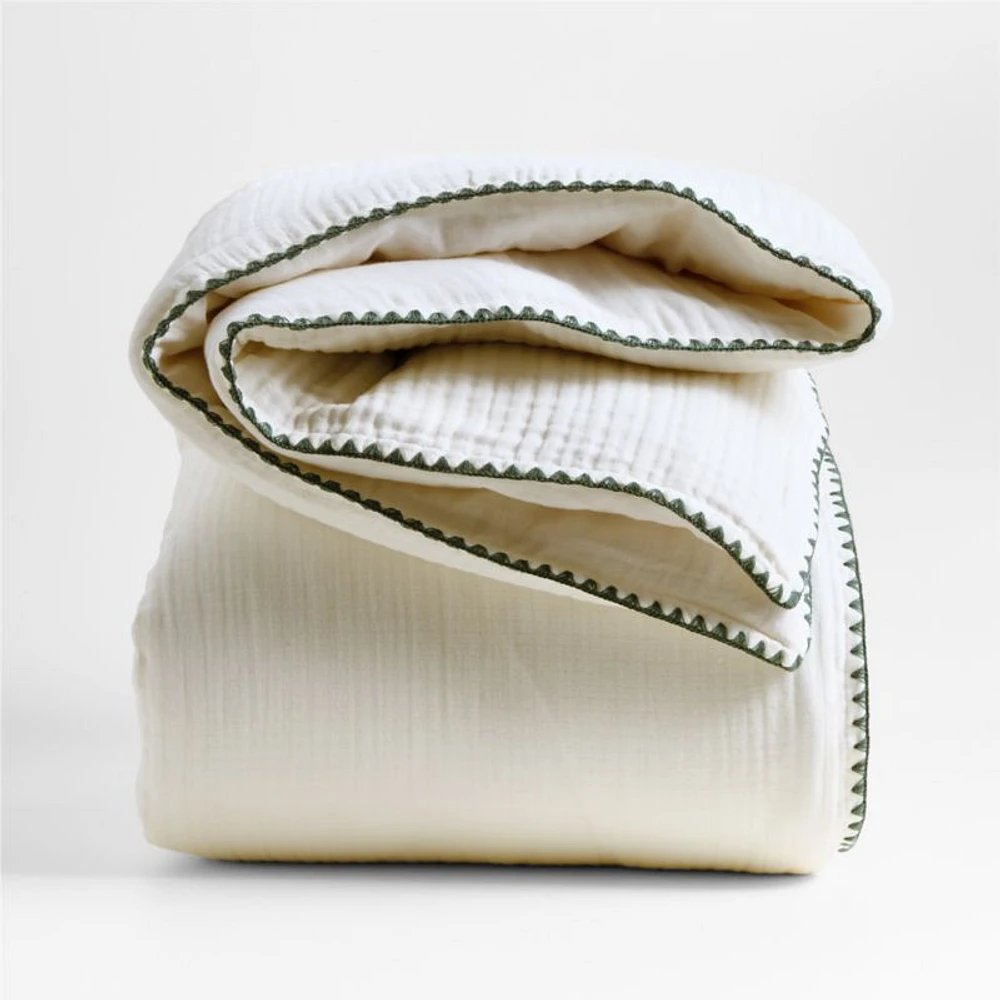 Beckett Pampas Ivory Supersoft Luxe Embroidered Beachglass Green Edge Kids Full/Queen Duvet By Jake Arnold