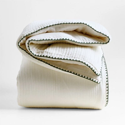 Beckett Pampas Ivory Supersoft Luxe Embroidered Beachglass Green Edge Kids Full/Queen Duvet By Jake Arnold