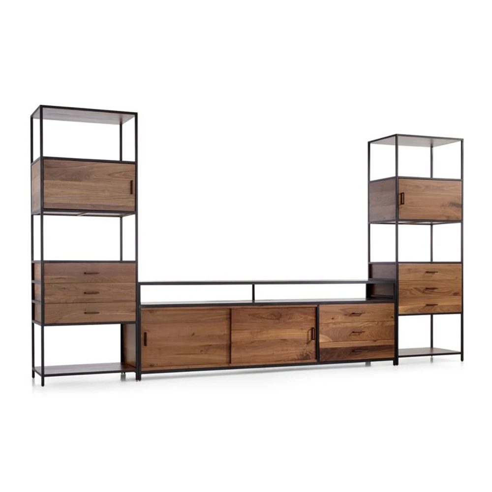 Knox Black Trim and Walnut 90" Storage Media Console with 2 Tall Storage Bookcases