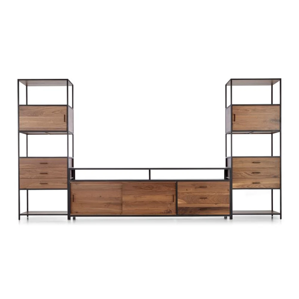 Knox Black Trim and Walnut 90" Storage Media Console with 2 Tall Storage Bookcases