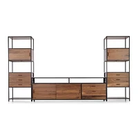 Knox Black Trim and Walnut 90" Storage Media Console with 2 Tall Storage Bookcases