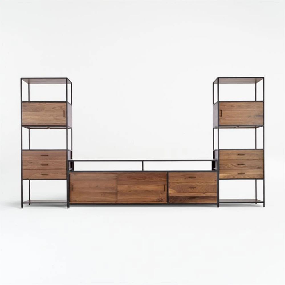 Knox Black Trim and Walnut 90" Storage Media Console with 2 Tall Storage Bookcases