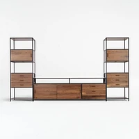 Knox Black Trim and Walnut 90" Storage Media Console with 2 Tall Storage Bookcases