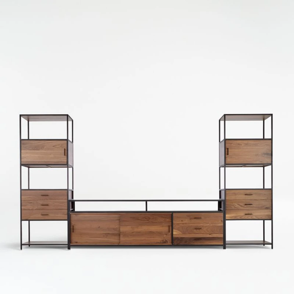 Knox Black Trim and Walnut 90" Storage Media Console with 2 Tall Storage Bookcases