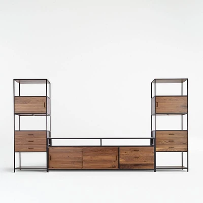 Knox Black Trim and Walnut 90" Storage Media Console with 2 Tall Storage Bookcases