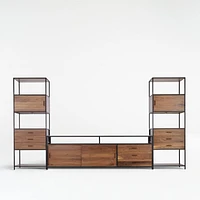 Knox Black Trim and Walnut 90" Storage Media Console with 2 Tall Storage Bookcases
