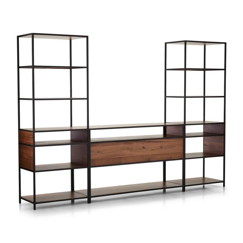 Knox Black Trim and Walnut 56" Storage Media Console with 2 Tall Open Bookcases