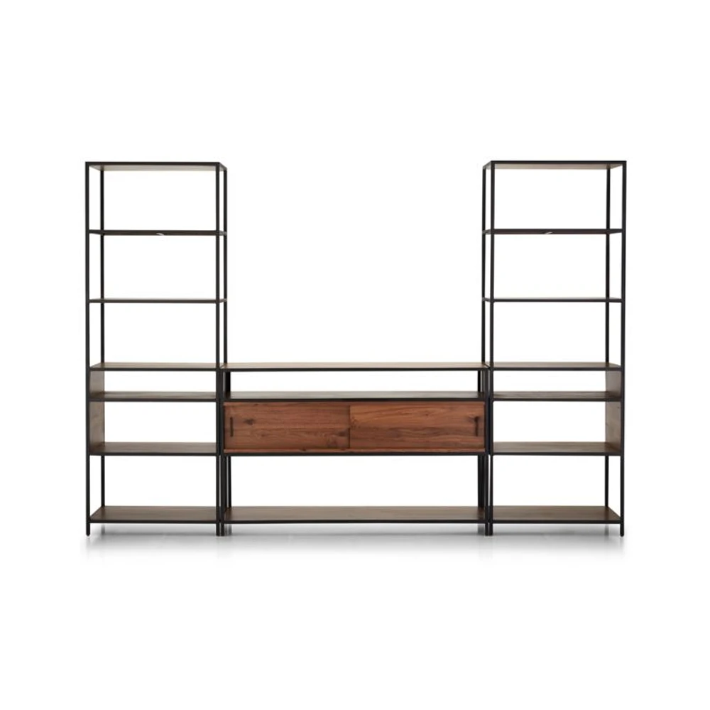 Knox Black Trim and Walnut 56" Storage Media Console with 2 Tall Open Bookcases