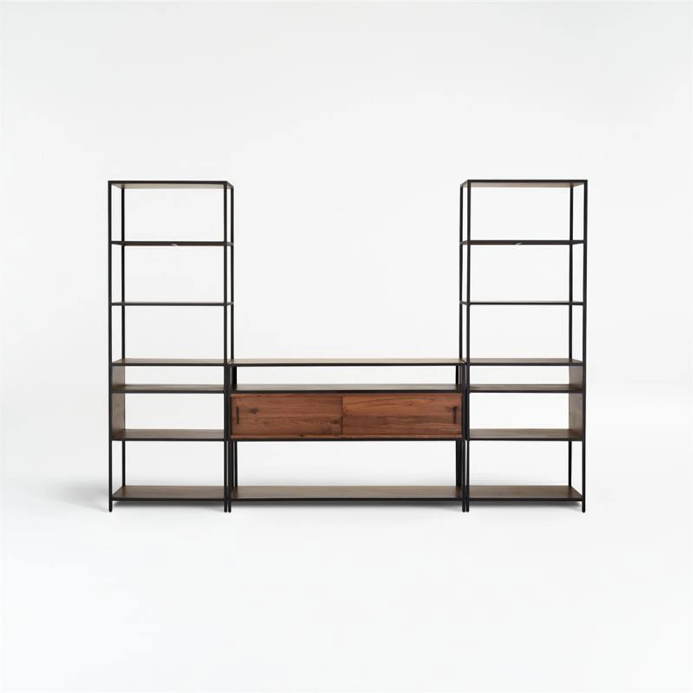 Knox Black Trim and Walnut 56" Storage Media Console with 2 Tall Open Bookcases