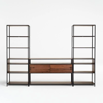 Knox Black Trim and Walnut 56" Storage Media Console with 2 Tall Open Bookcases
