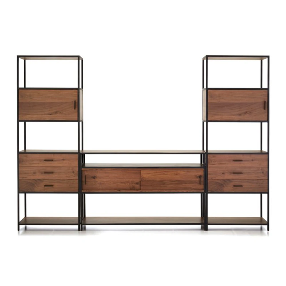 Knox Black Trim and Walnut 56" Storage Media Console with 2 Tall Storage Bookcases