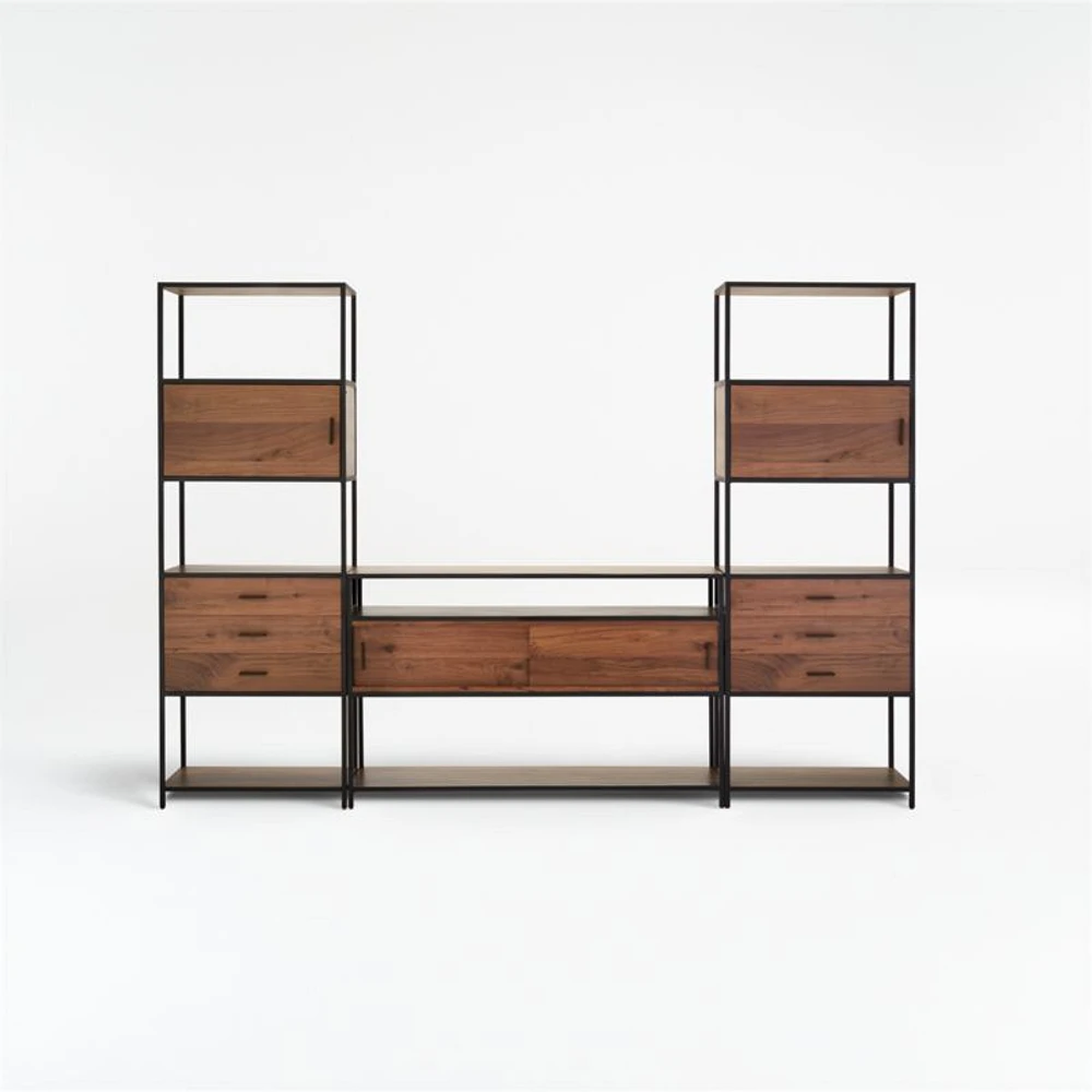 Knox Black Trim and Walnut 56" Storage Media Console with 2 Tall Storage Bookcases