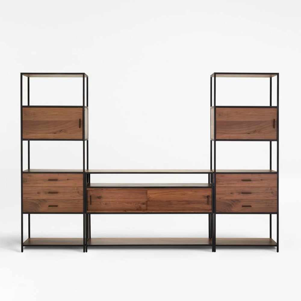 Knox Black Trim and Walnut 56" Storage Media Console with 2 Tall Storage Bookcases
