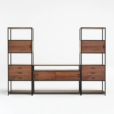 Knox Black Trim and Walnut 56" Storage Media Console with 2 Tall Storage Bookcases