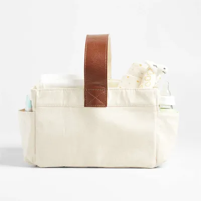 Canvas Diaper Caddy Organizer with Brown Leather Handle