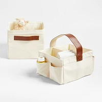Canvas Shelf Storage Bin with Brown Leather Handles, Set of 4