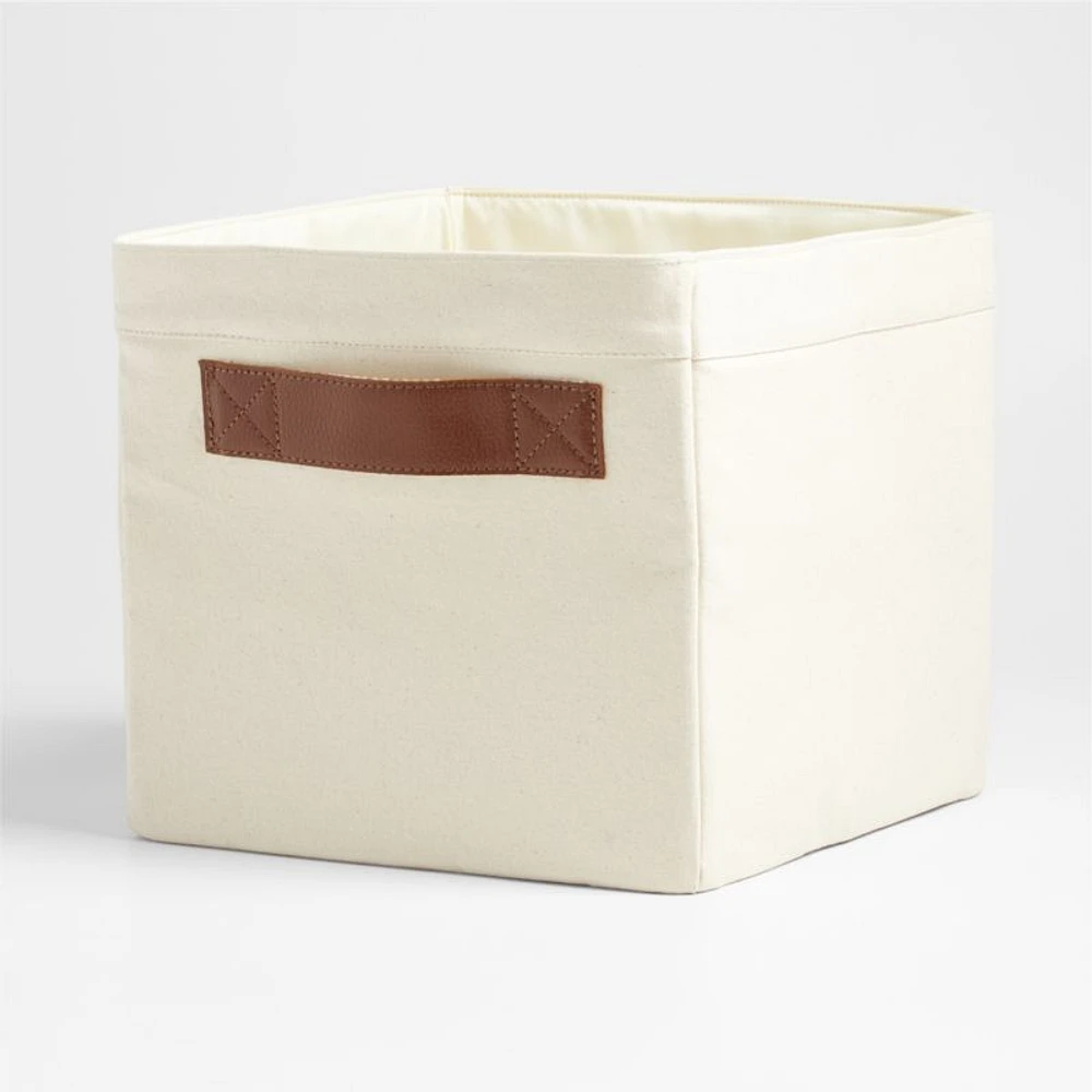 Canvas Shelf Storage Bin with Brown Leather Handles, Set of 4