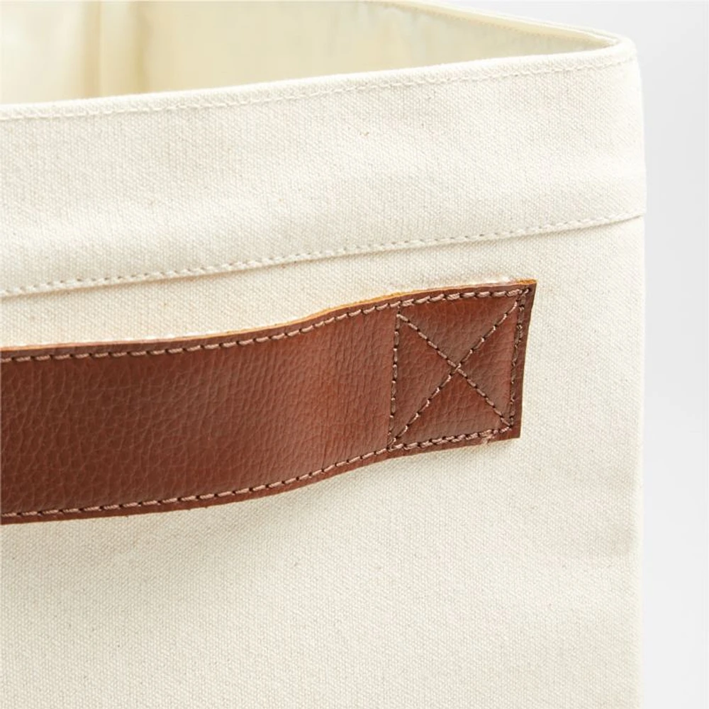Canvas Shelf Storage Bin with Brown Leather Handles, Set of 4