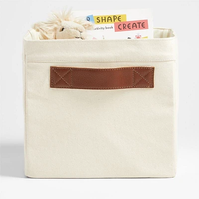 Canvas Shelf Storage Bin with Brown Leather Handles, Set of 4