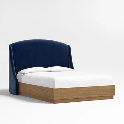 Lafayette 56" Navy Queen Upholstered Headboard with Batten Brown Oak Bed Base