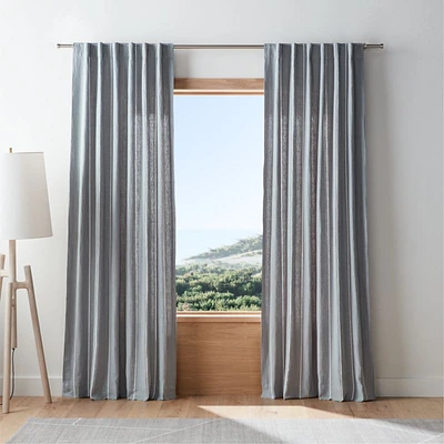 Mist Blue & Crisp White Linen Double Pinstripe Window Curtain Panel 52"x84"