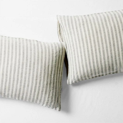 New Natural EUROPEAN FLAX ™-certified  Linen Petite Stripe Arcadia Tan/Burnt Green Standard Pillowcases, Set of 2