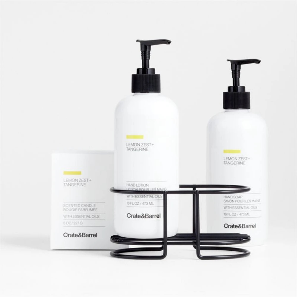 Lemon Zest + Tangerine Hand Soap, Lotion and Candle Gift Set with Matte Black Caddy