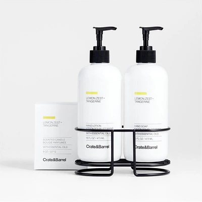 Lemon Zest + Tangerine Hand Soap, Lotion and Candle Gift Set with Matte Black Caddy