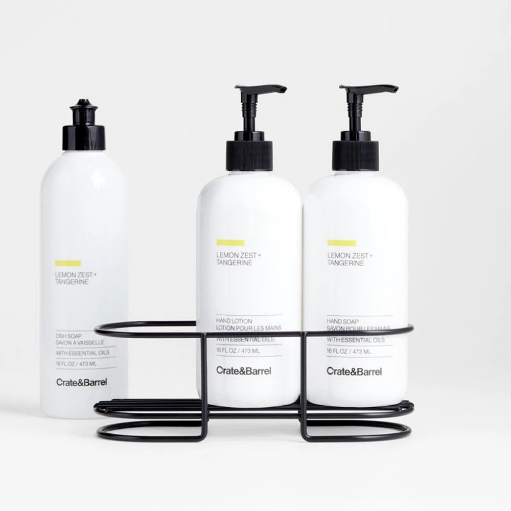 Lemon Zest + Tangerine Hand Soap, Lotion and Dish Soap Set with Matte Black Caddy