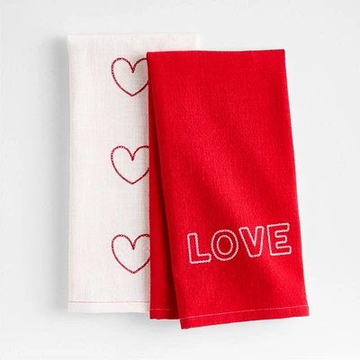 LOVE and Heart Print Embroidered Organic Cotton Dish Towels, Set of 2