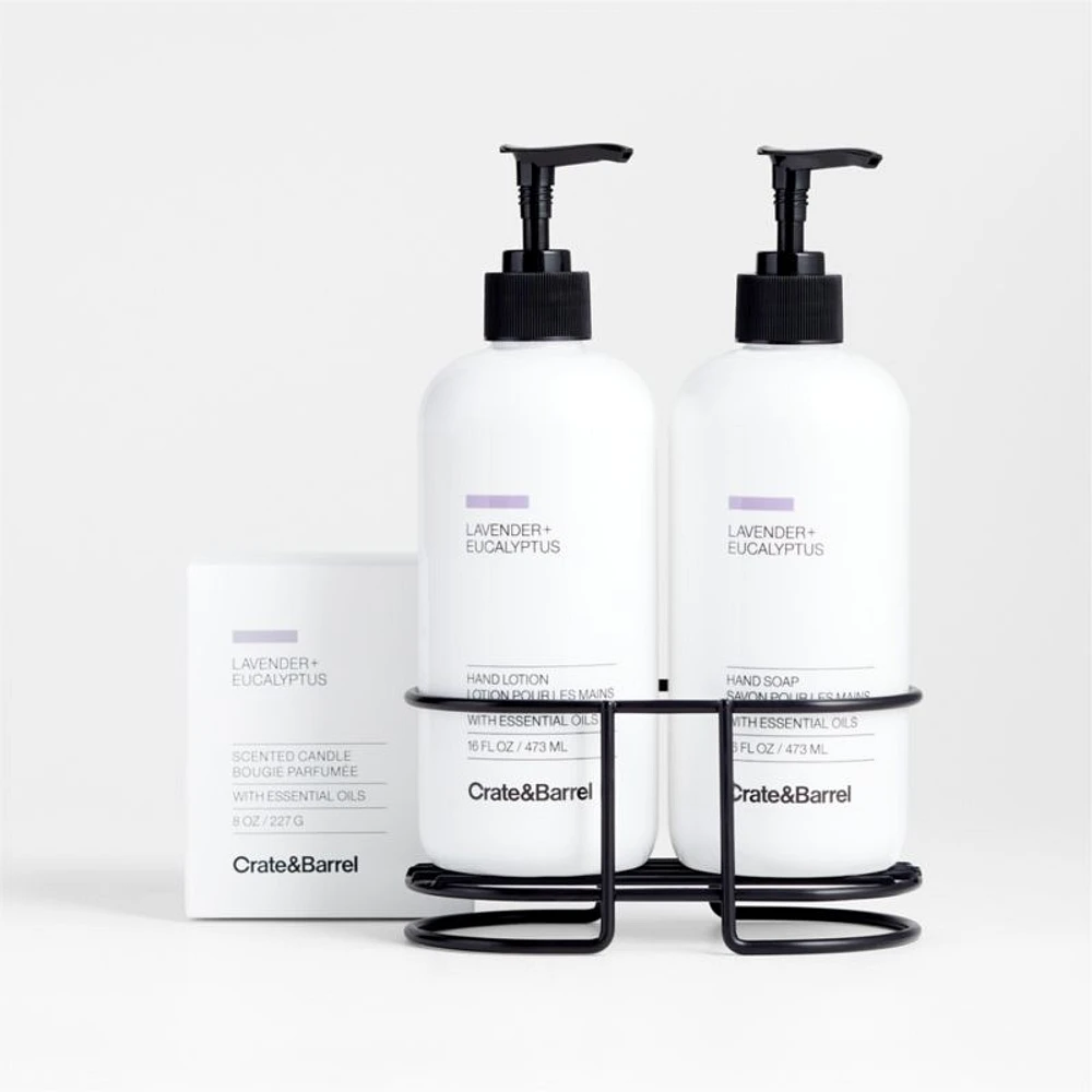 Lavender + Eucalyptus Hand Soap, Lotion and Candle Gift Set with Matte Black Caddy