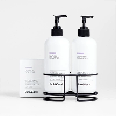 Lavender + Eucalyptus Hand Soap, Lotion and Candle Gift Set with Matte Black Caddy