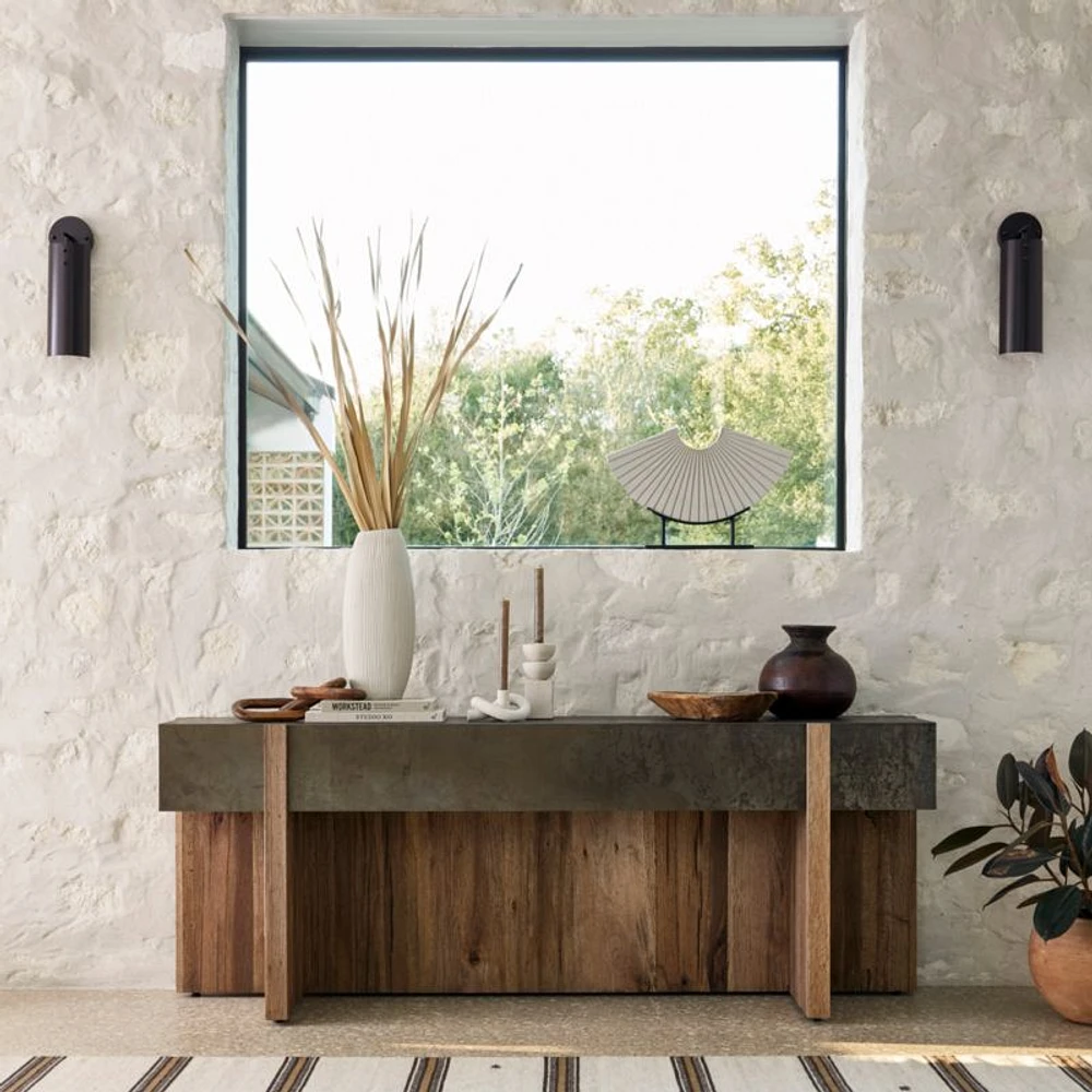 Mackinley 78.75" Rectangular Iron and Natural Oak Wood Console Table
