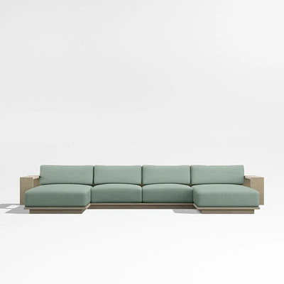 Mallorca Wood Double-Chaise Outdoor Sectional Sofa with Canvas Spa Blue Sunbrella ® Cushions