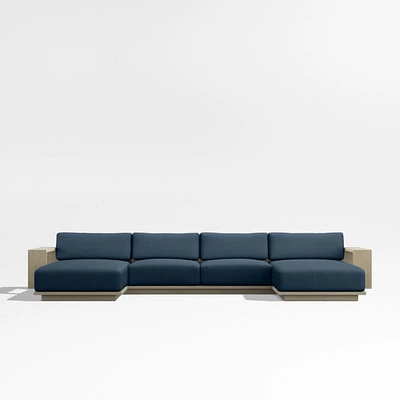 Mallorca Wood Double-Chaise Outdoor Sectional Sofa with Cast Harbor Sunbrella ® Cushions