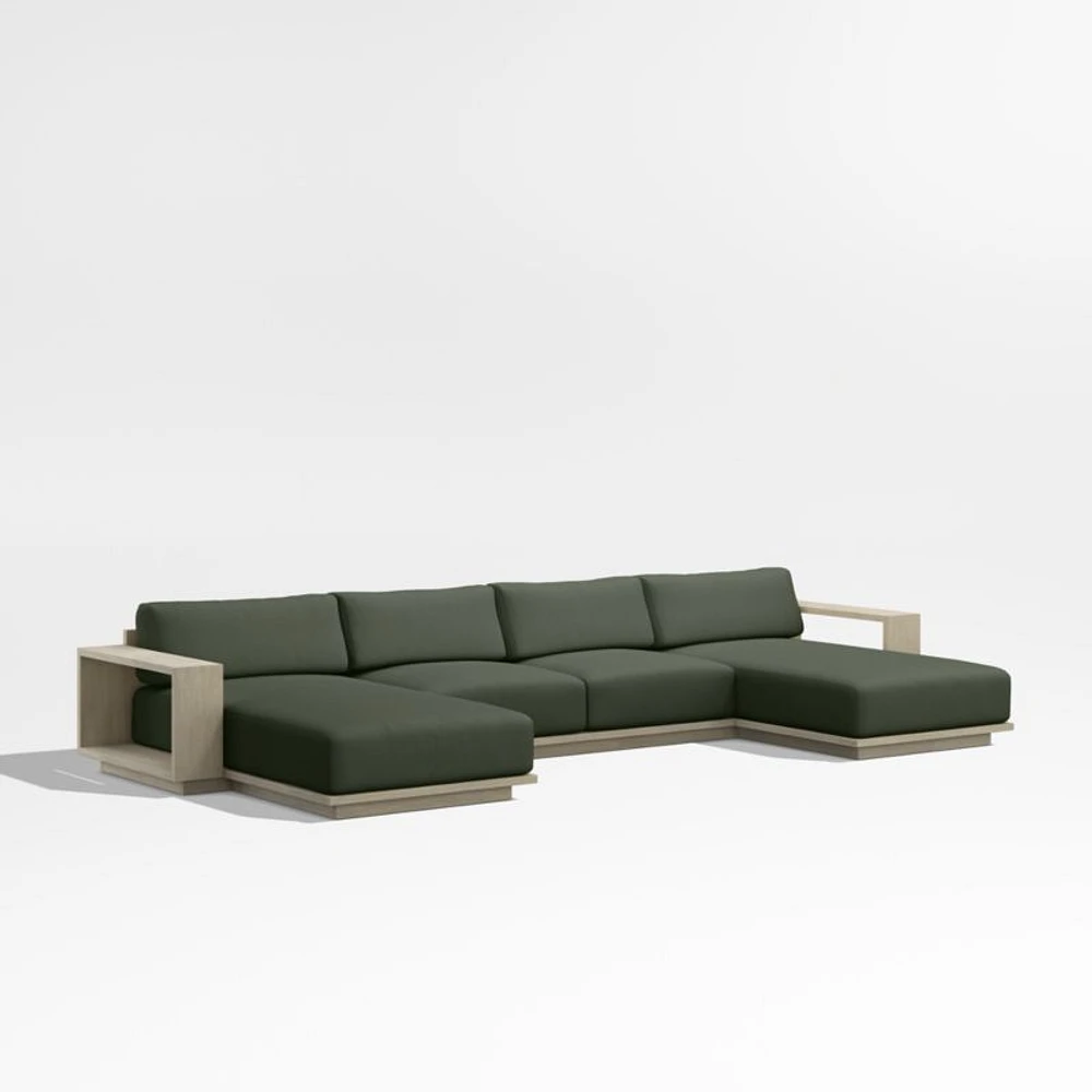 Mallorca Wood Double-Chaise Outdoor Sectional Sofa with Cast Sage Green Sunbrella ® Cushions