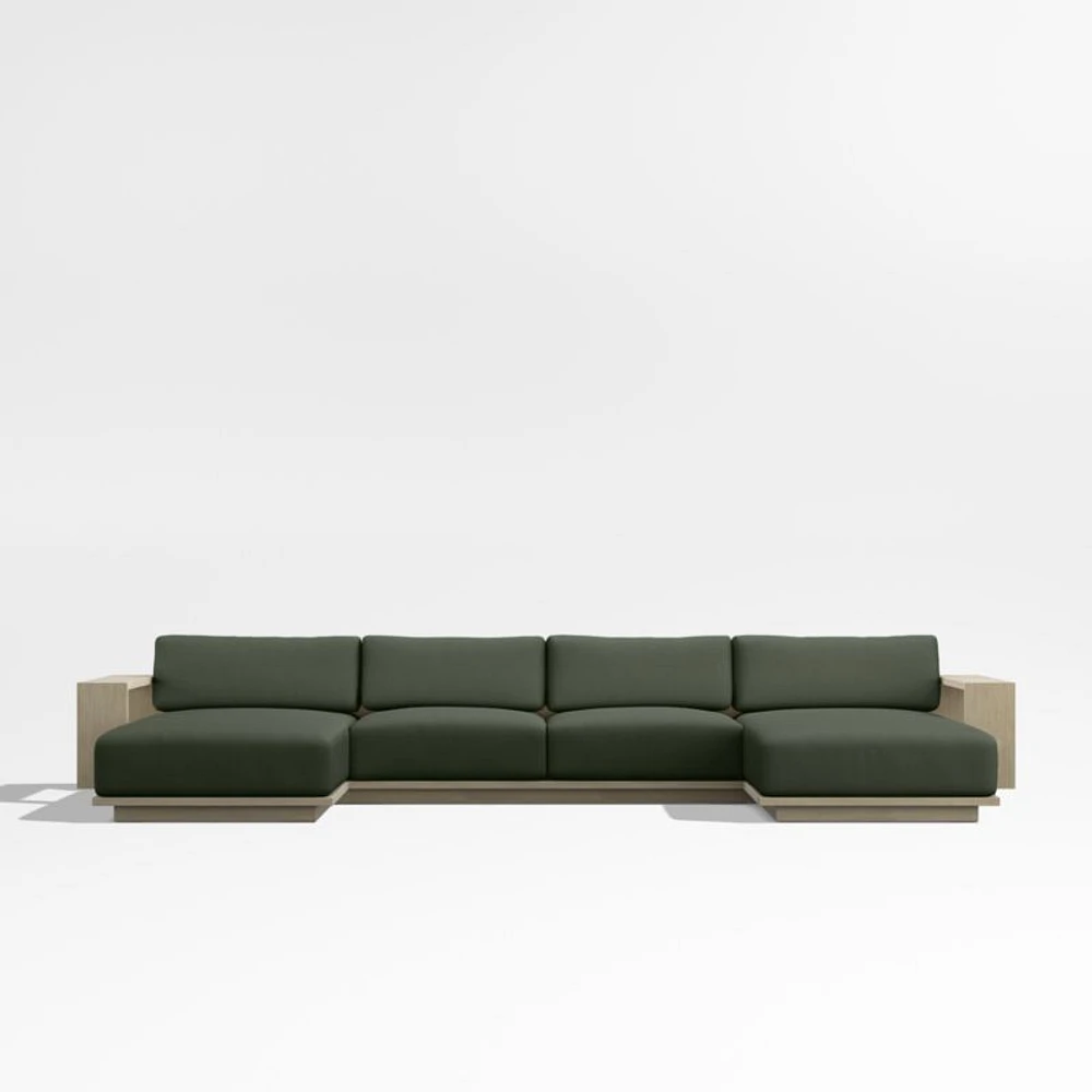 Mallorca Wood Double-Chaise Outdoor Sectional Sofa with Cast Sage Green Sunbrella ® Cushions