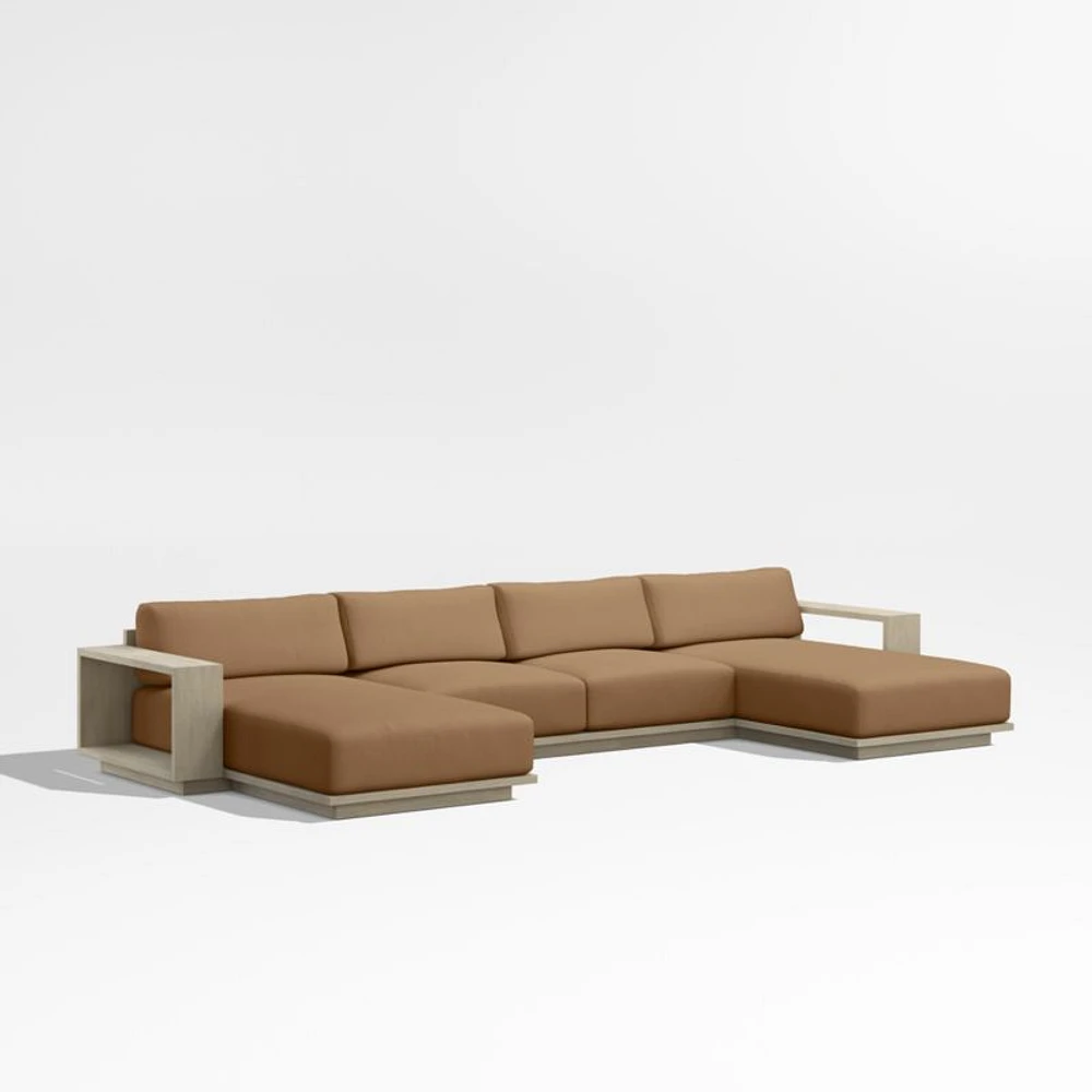 Mallorca Wood Double-Chaise Outdoor Sectional Sofa with Cast Teak Brown Sunbrella ® Cushions