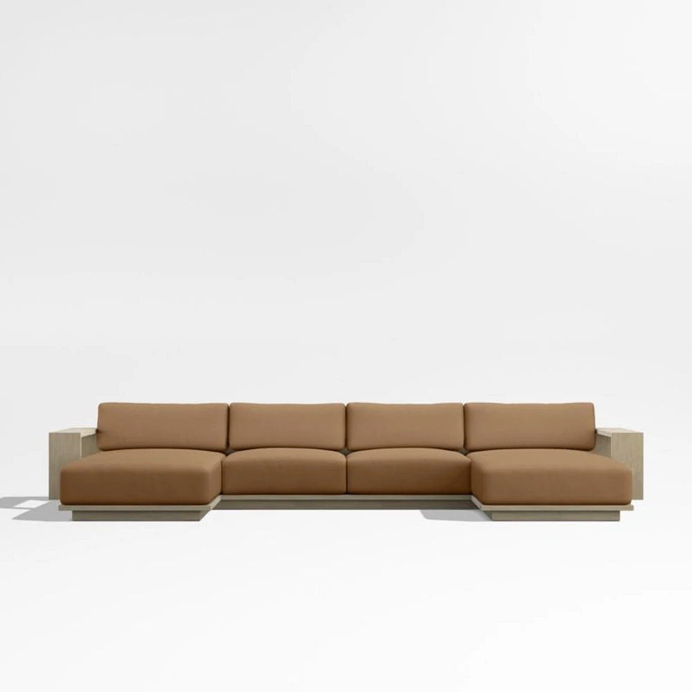 Mallorca Wood Double-Chaise Outdoor Sectional Sofa with Cast Teak Brown Sunbrella ® Cushions