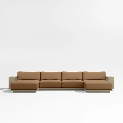 Mallorca Wood Double-Chaise Outdoor Sectional Sofa with Cast Teak Brown Sunbrella ® Cushions